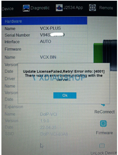 VXDIAG VCX SE Update License Failed Error 4001 1