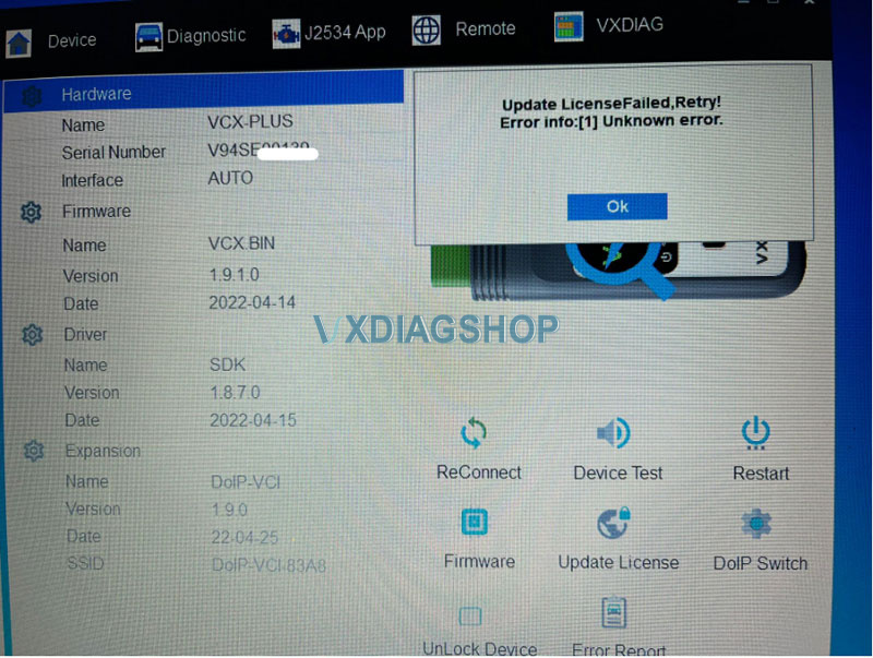 VXDIAG VCX SE Update License Failed Error 4001 2